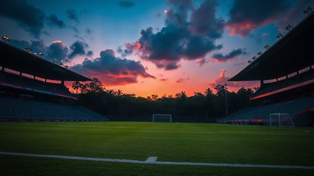 Campo de futebol vazio ao anoitecer, com clima de reflexão após a partida