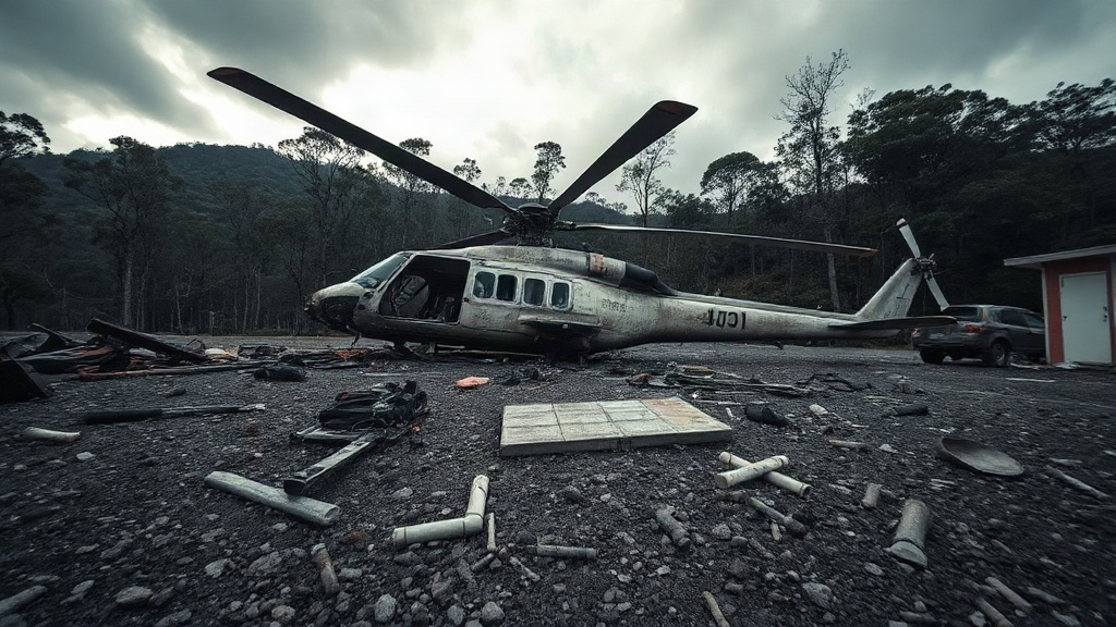 Destroços de helicóptero em área de serra, sob céu nublado
