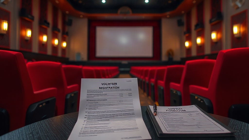 Sala de cinema vazia com cadeiras vermelhas e mesa de inscrição para voluntários