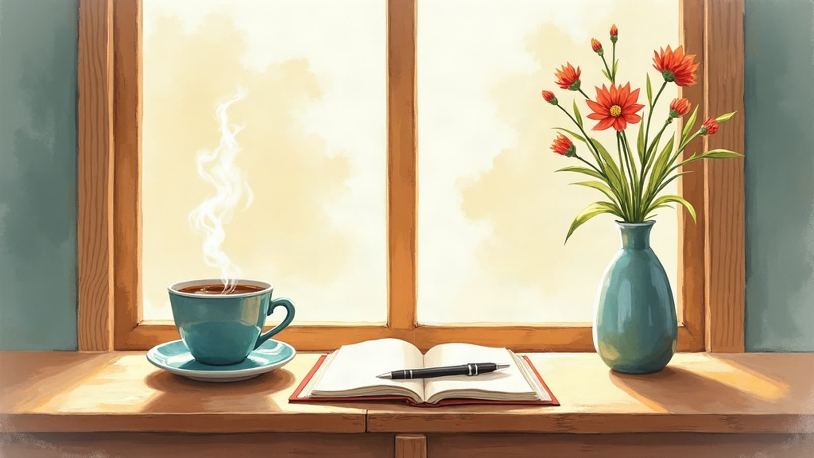 Ilustração: xícara de café e caderno aberto sobre a mesa, à luz de uma janela, com um vaso de flores ao lado