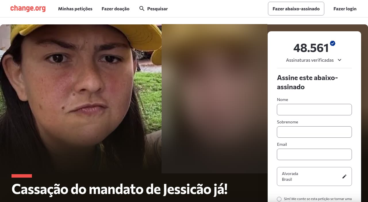 Página do abaixo-assinado Cassação do mandato de Jessicão já, no Change.org, com 48.561 assinaturas verificadas