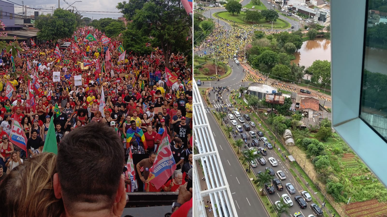 À esquerda, multidão de vermelho na Avenida Saul Elkind, em Londrina; à direita, ato bolsonarista concentrado numa rotatória com fila de carros