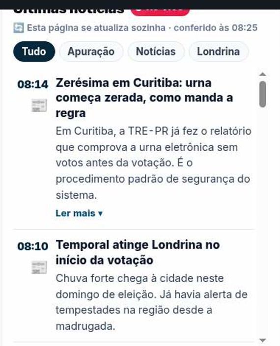 Coluna Últimas notícias da página de eleições, com notas curtas e o horário de cada uma