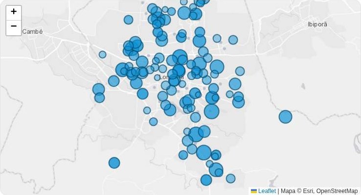 Mapa de Londrina com um círculo em cada escola, maior onde o candidato teve mais votos