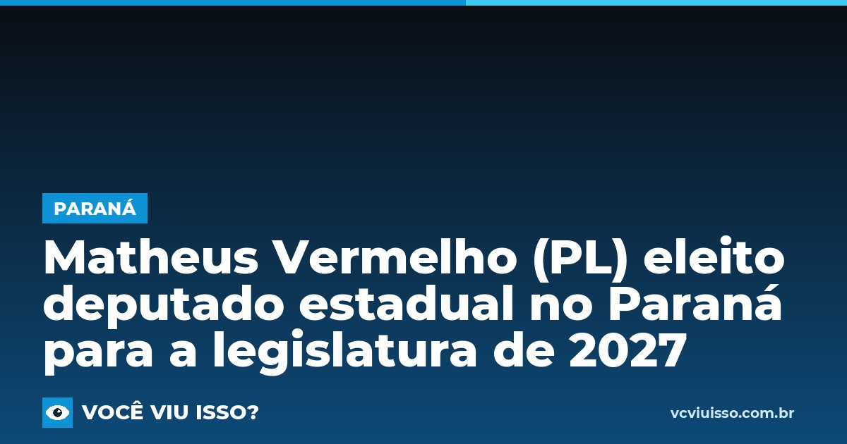 Card: Matheus Vermelho (PL) eleito deputado estadual no Paraná para a legislatura de 2027