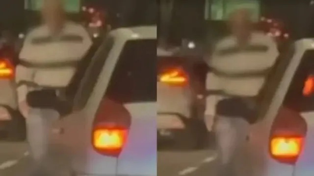 Ilustração de uma discussão de trânsito entre dois carros em uma avenida.