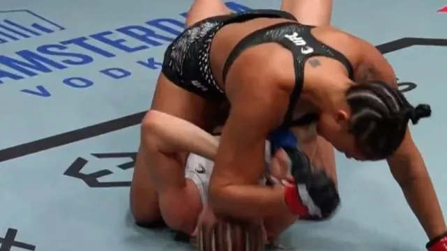 Um octógono de MMA vazio, iluminado por fortes luzes de estádio, com foco no centro do ringue.