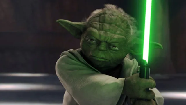 Uma galáxia com estrelas e planetas conectados por uma linha do tempo, representando a ordem cronológica da saga Star Wars.