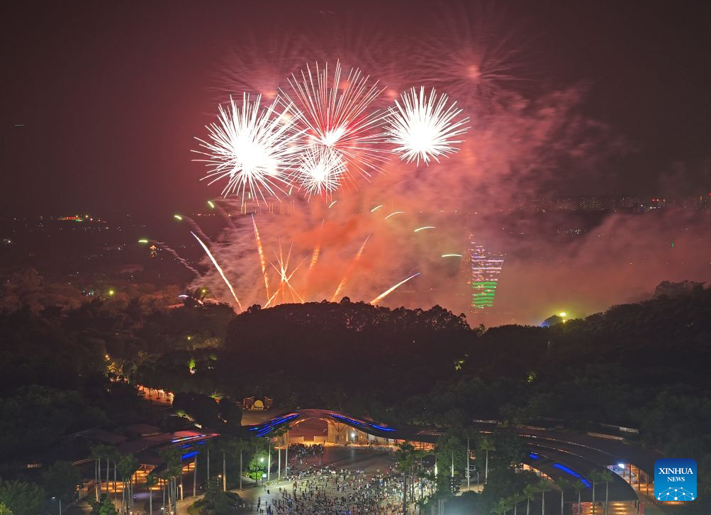 Céu de Nanning iluminado por espetáculo de fogos de artifício na China